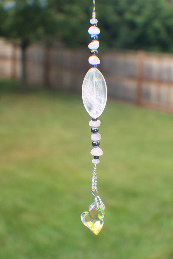 20mm AB Heart Shaped Crystal Suncatcher with Rose Quartz,Hematite beads and a Swarovski Heart shaped Pendant(0007)