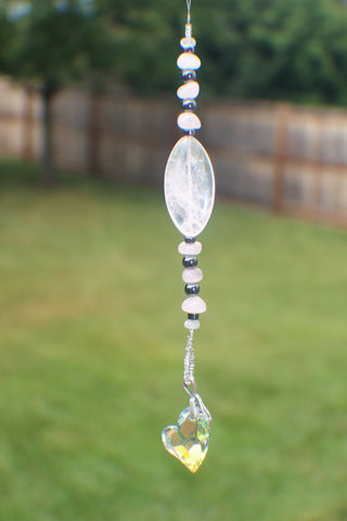 20mm AB Heart Shaped Crystal Suncatcher with Rose Quartz,Hematite beads and a Swarovski Heart shaped Pendant(0007)
