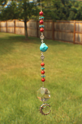 40mm Octogan Crystal Suncatcher with Turqouise, Sterling Silver, swarovski crystals and Coral beads (0009)