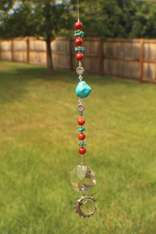 40mm Octogan Crystal Suncatcher with Turqouise, Sterling Silver, swarovski crystals and Coral beads (0009)