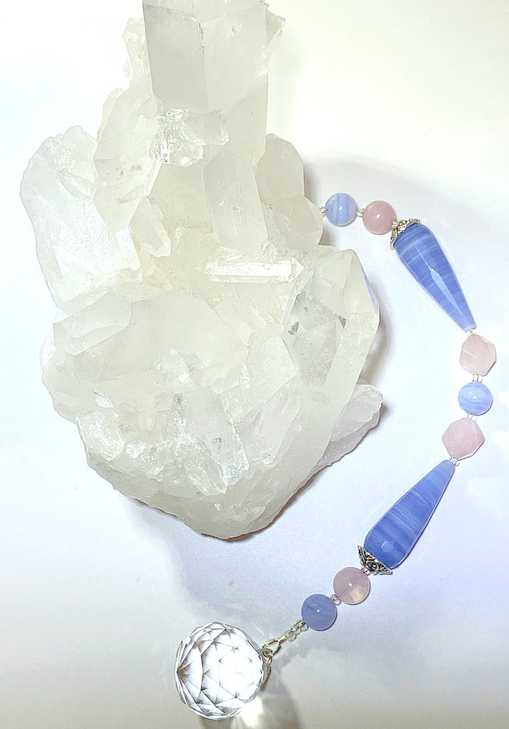 Blue lace and rose quartz hanging crystal talisman with 20mm crystal ball prisim