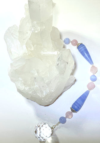 Blue lace and rose quartz hanging crystal talisman with 20mm crystal ball prisim
