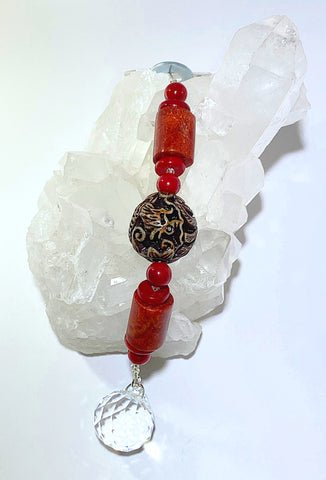 Red coral with dragon focal stone hanging crystal prisim
