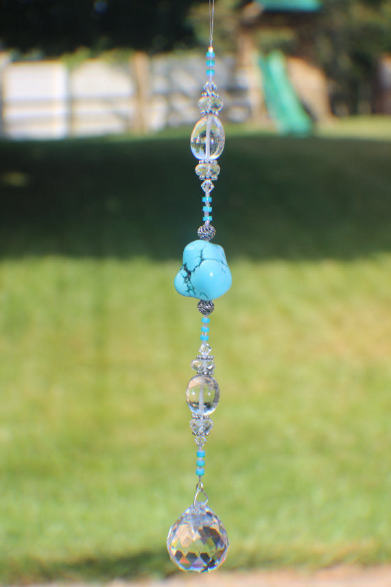 30mm Round Crystal Suncatcher with Torquoise and Sterling Silver beads (0001)