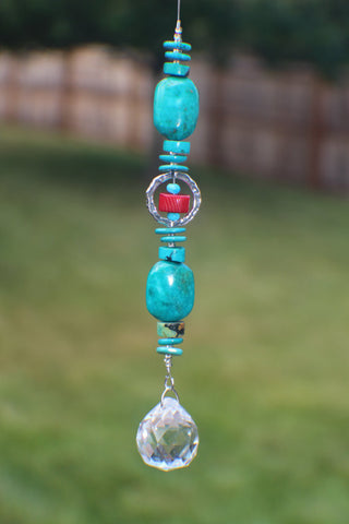 20mm Round Crystal Suncatcher with Turqouise, Sterling Silver and Coral beads (0008)