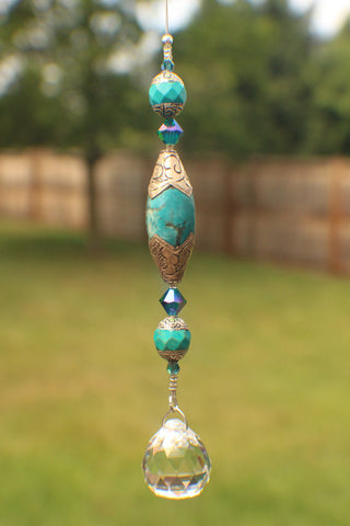 20 mm Round Crystal Suncatcher with Tibetan Sterling Silver, Torquoise and Swarovski beads (0002)