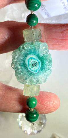 20mm round hanging crystal with fluorite, malachite and green Solar quartz